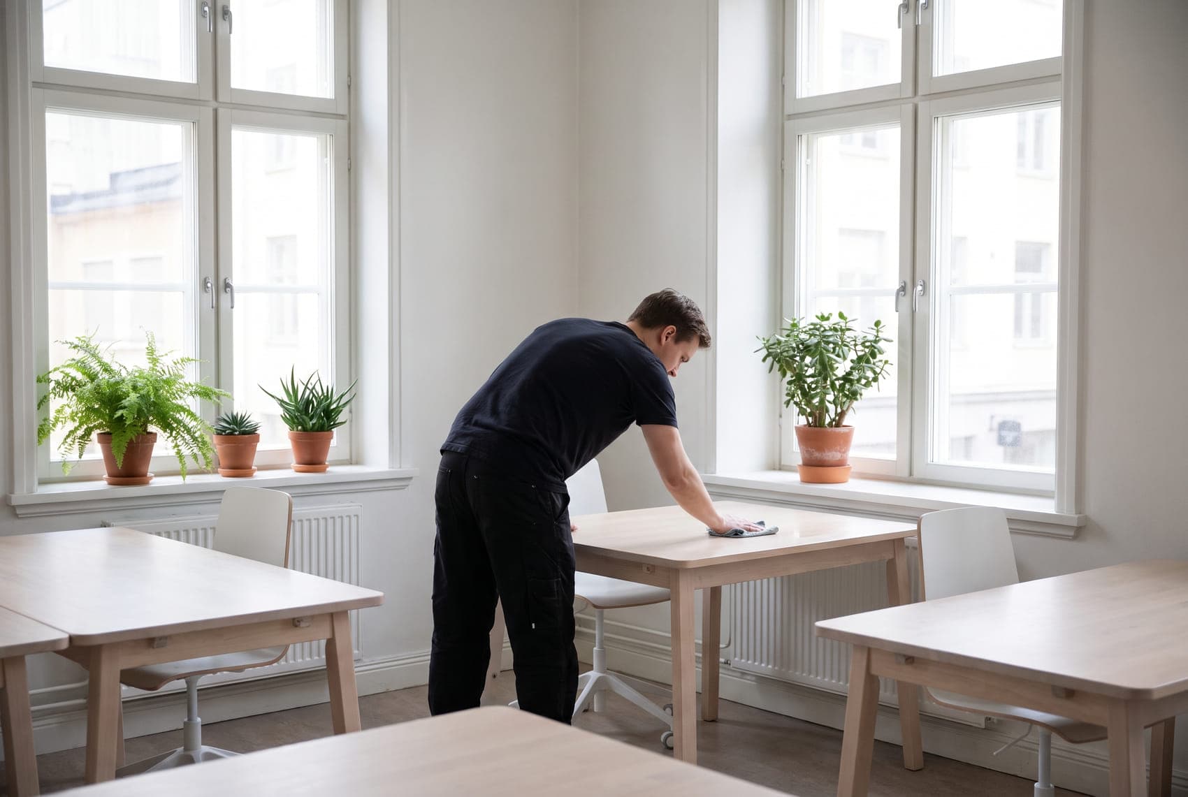 Ljust kontor som städas tidigt på morgonen